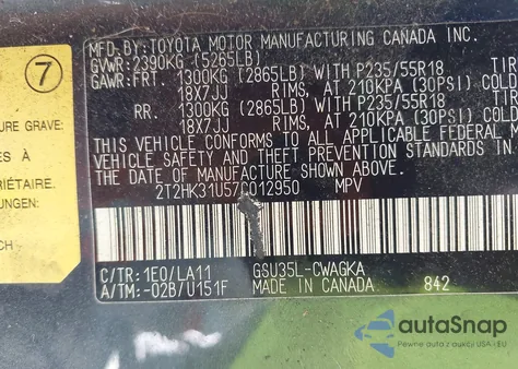 2007 Lexus Rx 350 z USA, uszkodzony, nr VIN 2T2HK31U57C012950